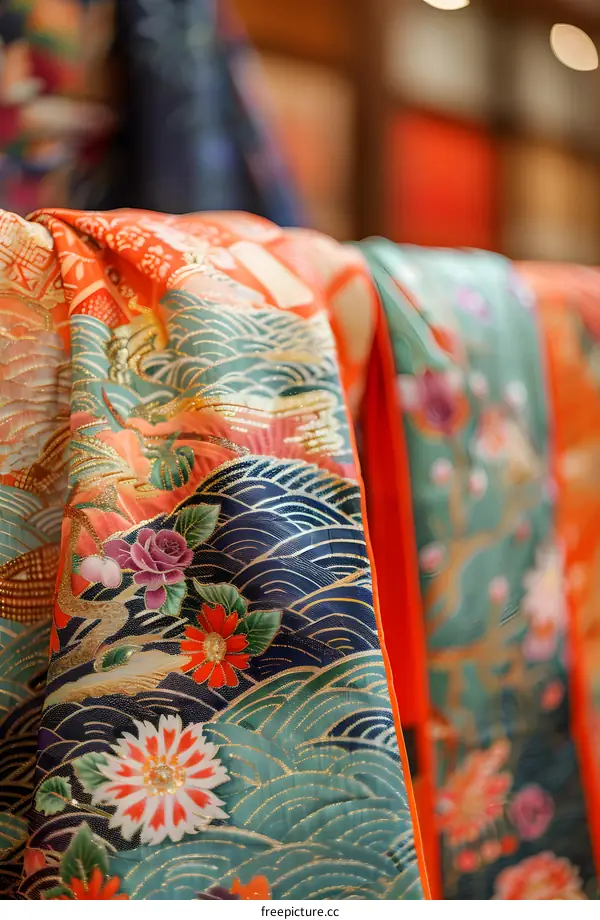 Close-up of a colorful kimono with floral and wave patterns