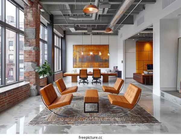 Exposed brick and ductwork in a modern office