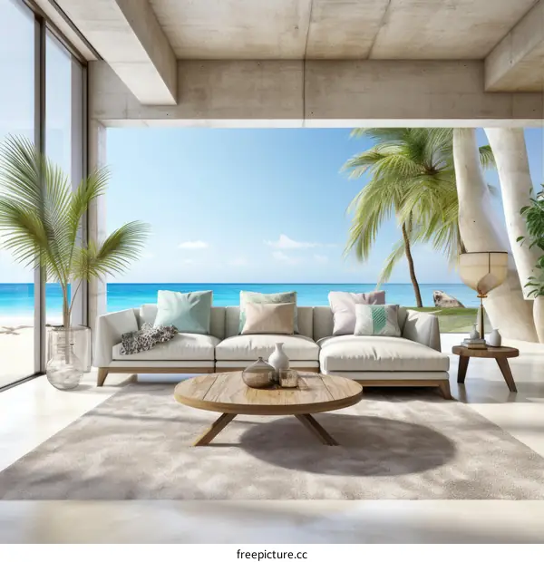 Modern beach house living room with open terrace and amazing sea view