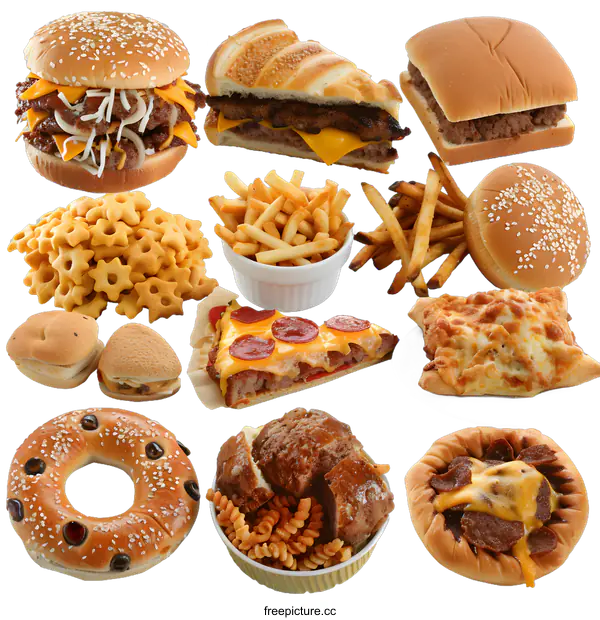 [Transparent Background PNG]Assortment of Fast Food on a White Background