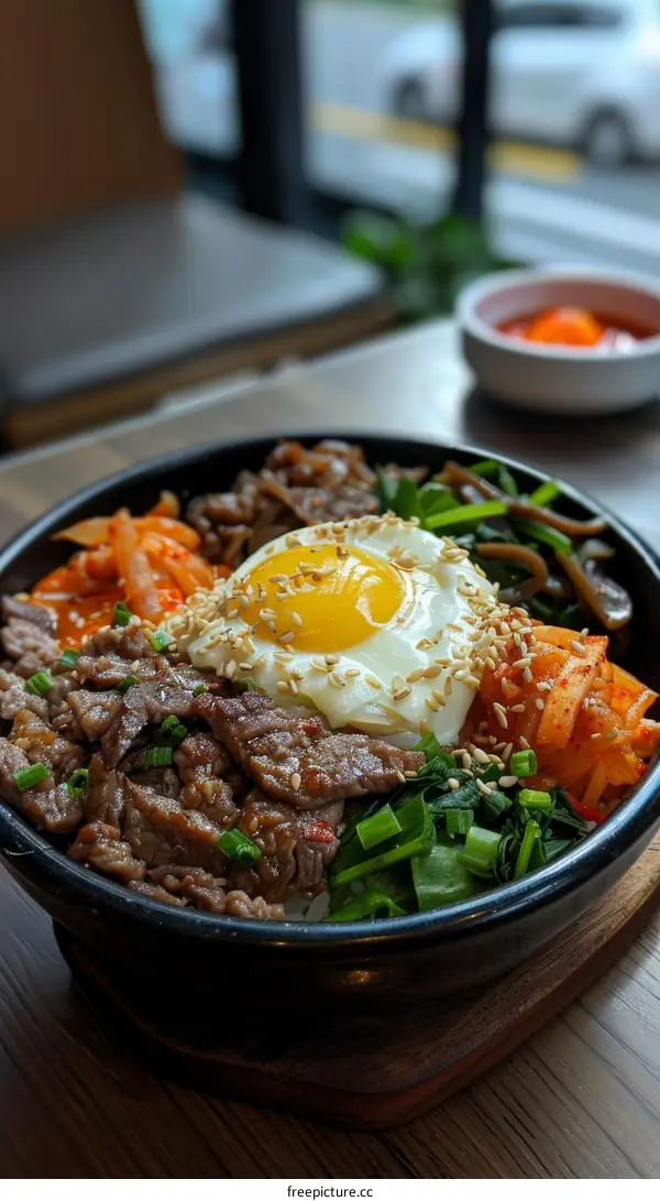 Korean Stone Bowl Bibimbap with Beef, Vegetables and Fried Egg