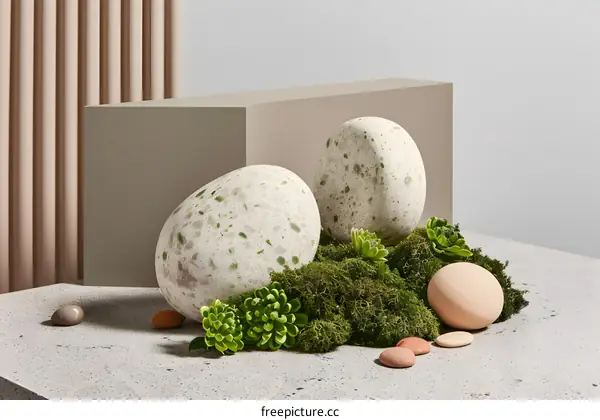 White Speckled Stone Eggs on Moss Bed