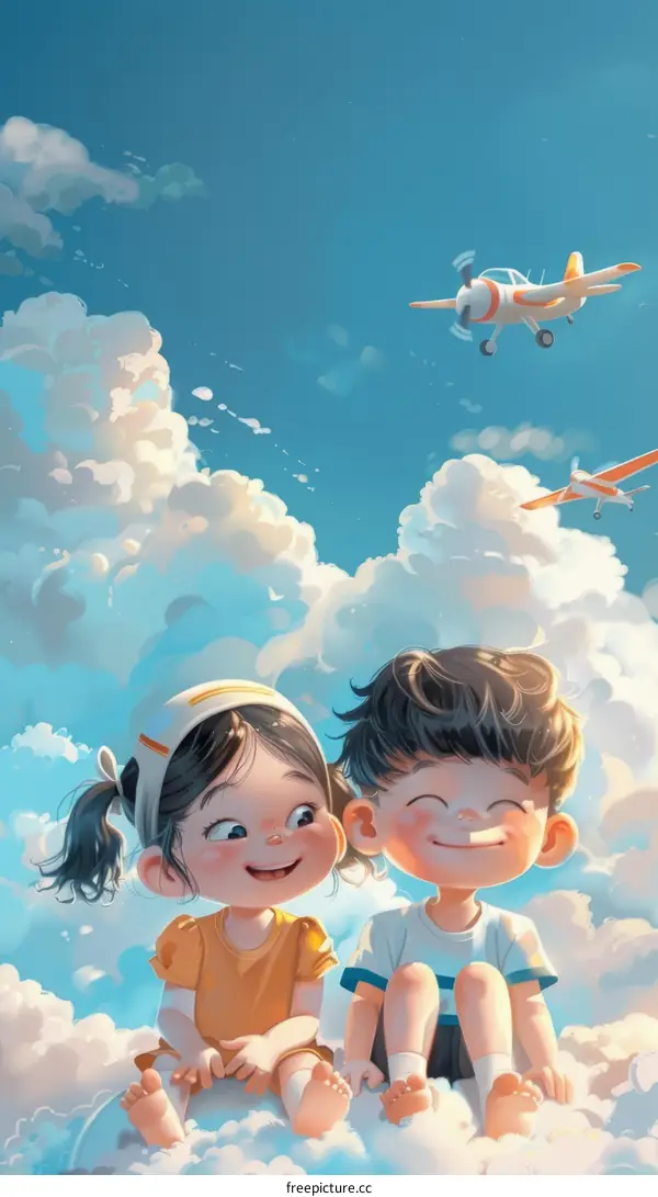Two Asian Children Soaring Through a Dreamy Sky
