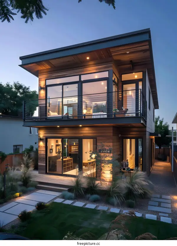 Modern Wooden House with Large Windows and Balcony