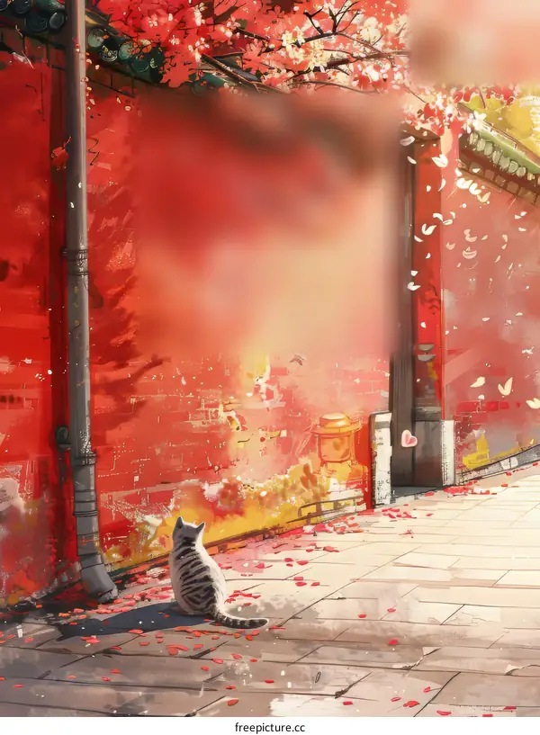 A cat is sitting on the ground in front of a red wall. There are some cherry blossoms on the tree.