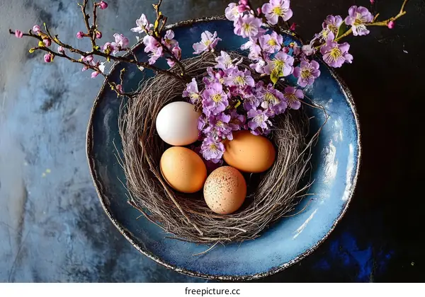 Spring Easter Eggs in a Nest Dish