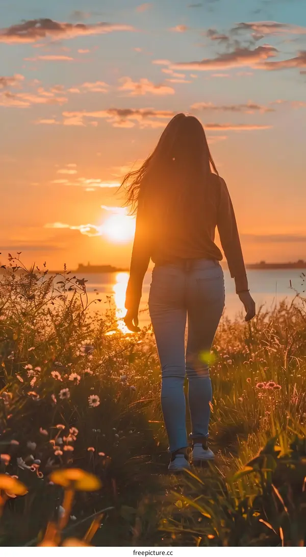 Silhouette of a Woman Walking Towards the Sunset