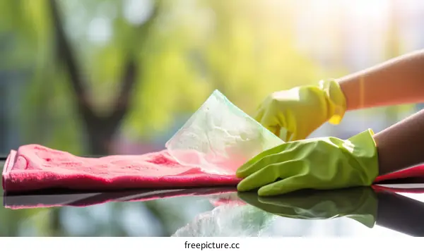 A person wearing green gloves is cleaning a car with a pink cloth