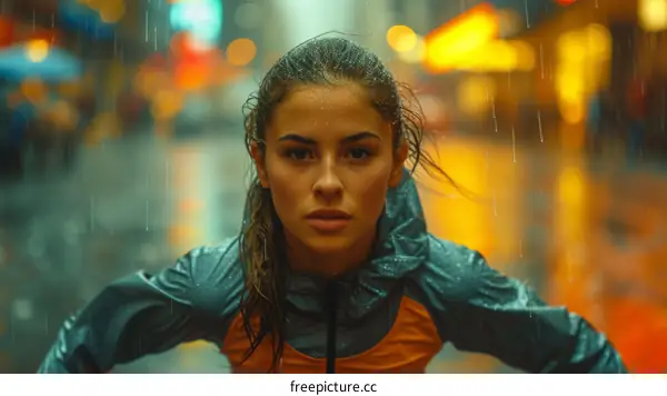 Portrait of a determined young female runner in the rain