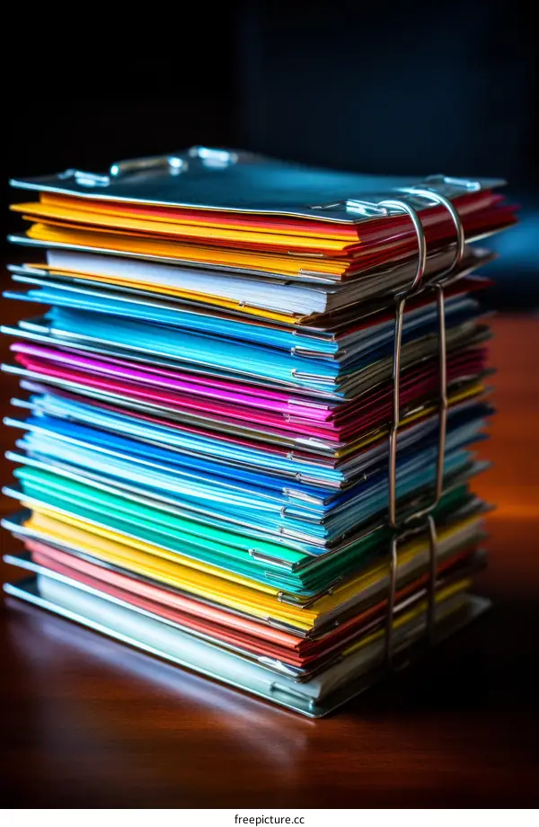 Colorful Folders Stacked with Metal Binders