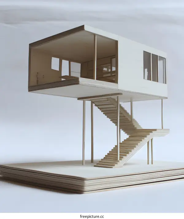 Minimalist Wooden House Model with Stairs