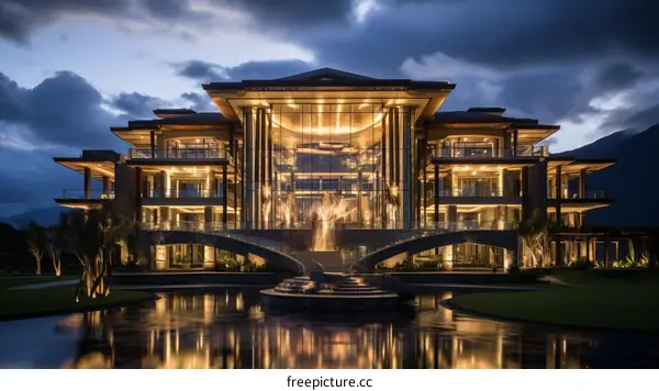 Modern Mansion with Serene Water Feature and Luxurious Design