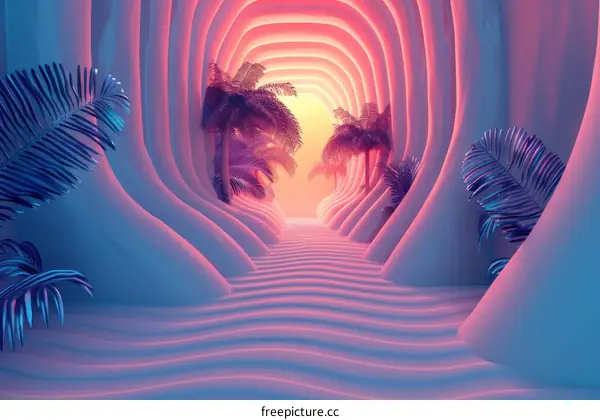 Pink and blue 3D rendered tunnel with palm trees
