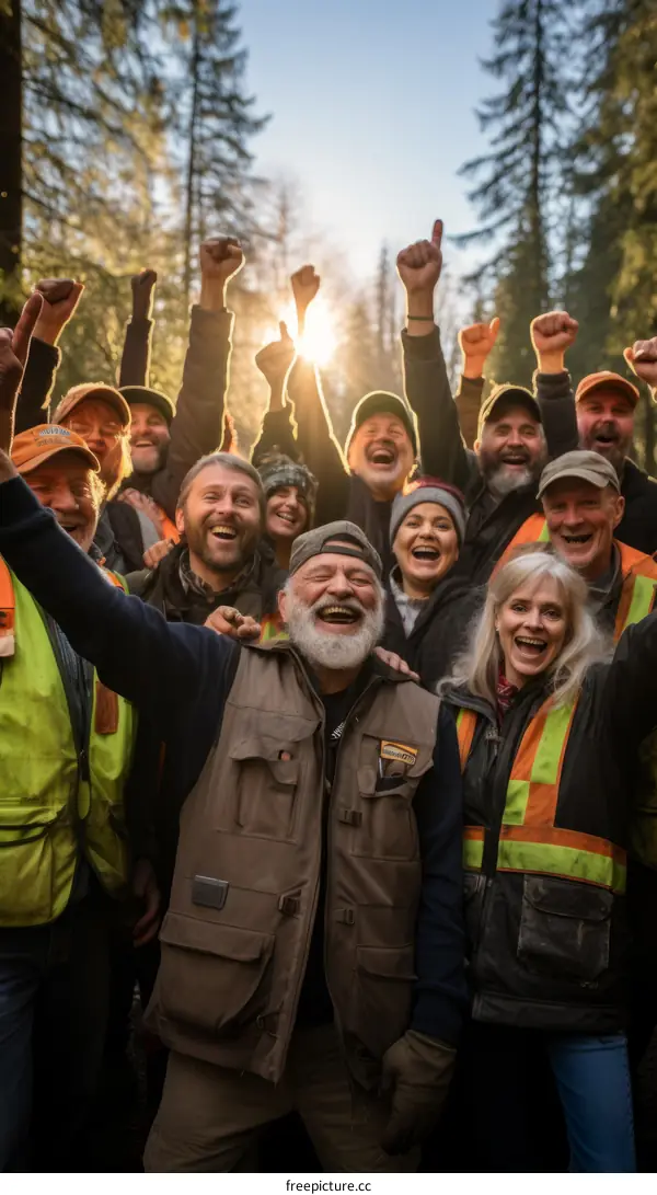 A group of people in the forest celebrate with their arms in the air