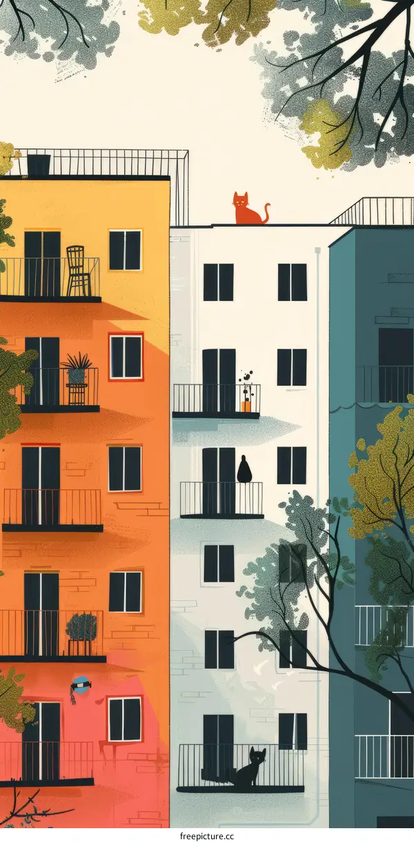 Colorful Apartment Buildings with Plants and a Cat