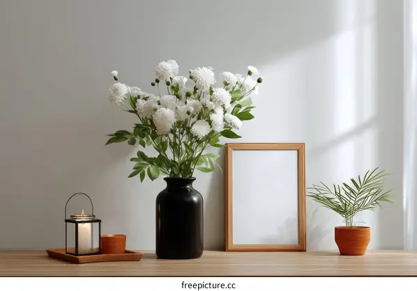 Elegant Interior Decoration with White Flowers and Wooden Frame