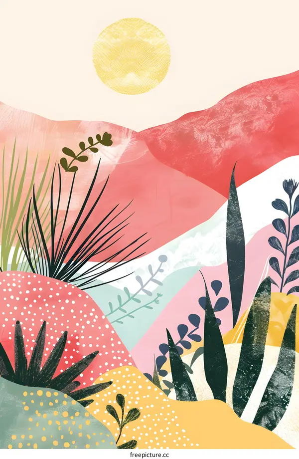 Abstract Landscape With Sun And Plants