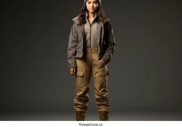 Young Woman in Brown Jacket and Pants, Studio Portrait