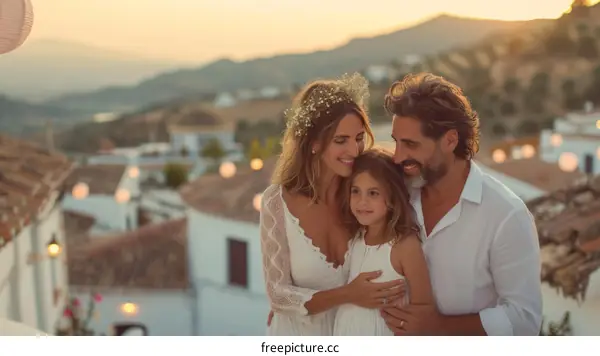 Happy family of three embracing each other with a beautiful sunset in the background