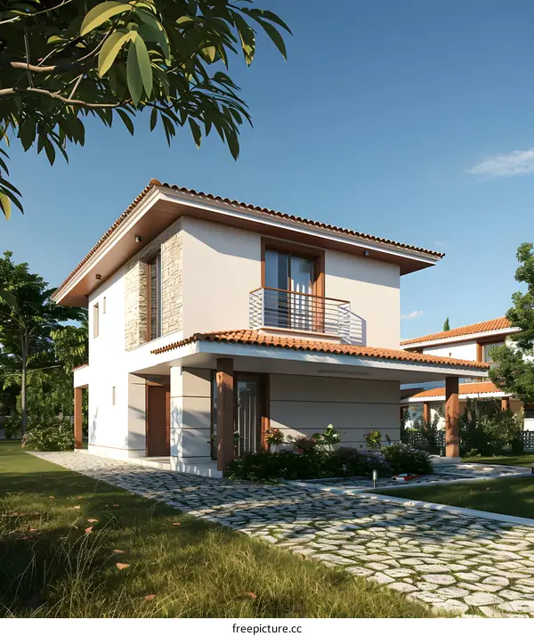 Modern House Design with Balcony and Stone Wall