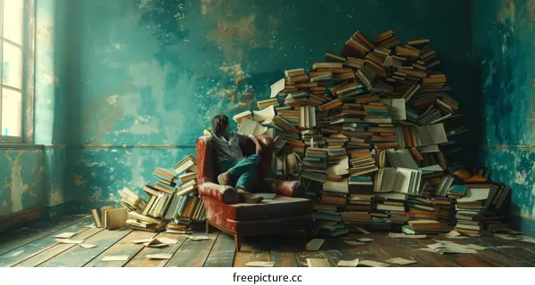 A person is sitting on a couch in a room full of books.