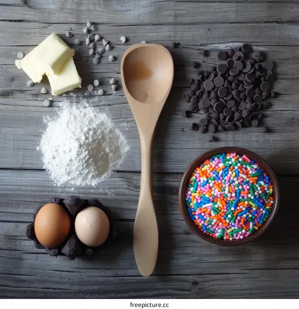 Top view of ingredients for chocolate chip cookies