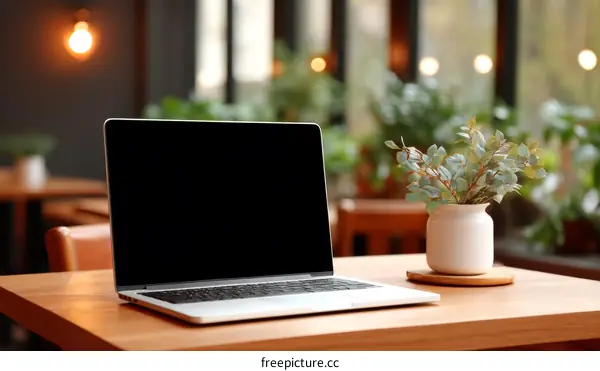 Laptop on Wooden Table in Cafe Setting