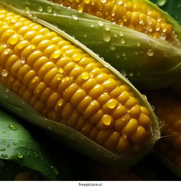 Close-up of Fresh Corn on the Cob with Dew Drops