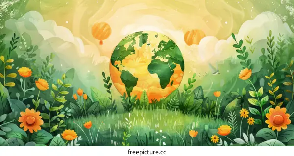 Lush Green Earth with Flowers and Plants Illustration