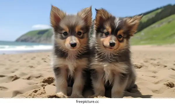 Two cute puppies sitting on the beach