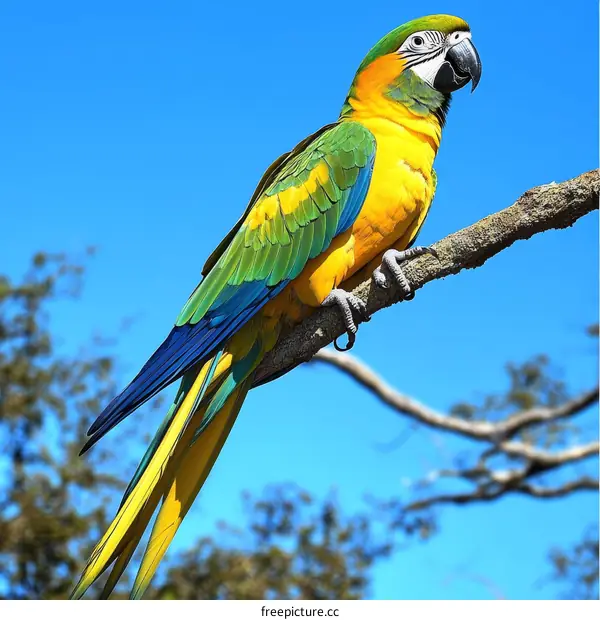Colorful Parrot Perched on a Branch Against a Clear Sky