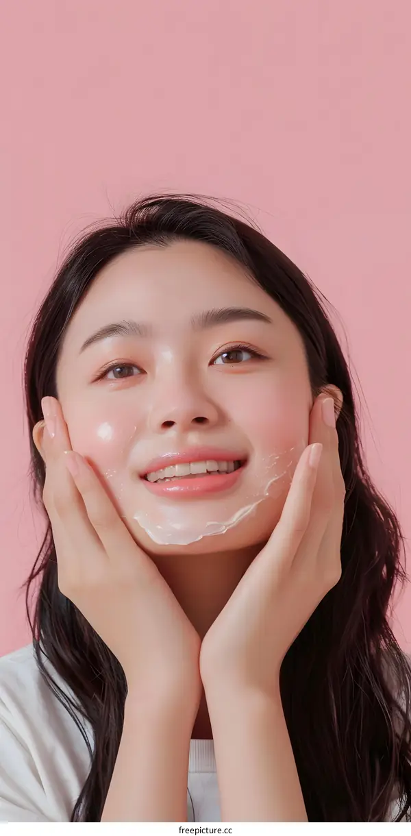 Smiling Woman With Clean Skin Applying Face Cream