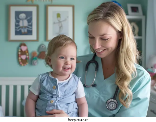 Pediatrician examining a smiling baby