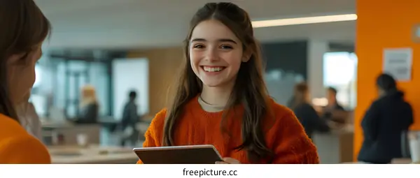 Smiling Woman Holding Tablet in Office Setting