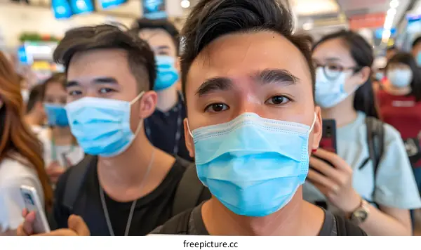 Asian Men Wearing Face Masks In A Public Place