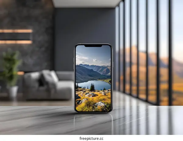 Smartphone displaying mountain lake landscape on screen in modern home interior