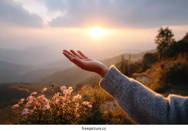 Sunset Mountaintop Hand Reaching for the Sun