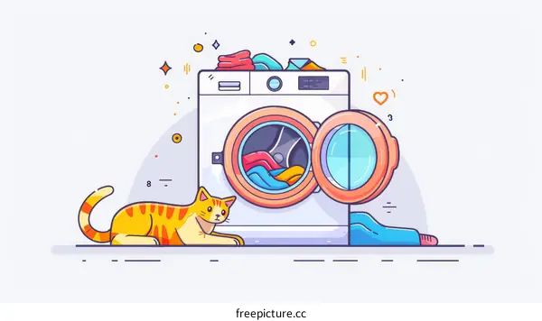 A cat is sitting in front of the washing machine