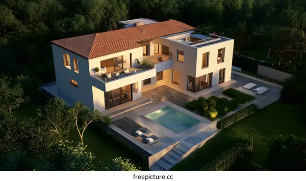 Modern House with Swimming Pool and Lush Greenery