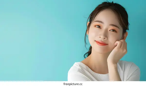 Smiling Asian Woman in a White T Shirt Against a Blue Background