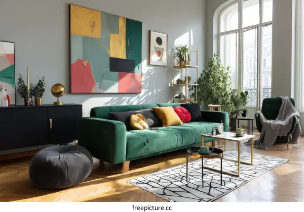 Modern Living Room Decor with Green Velvet Sofa