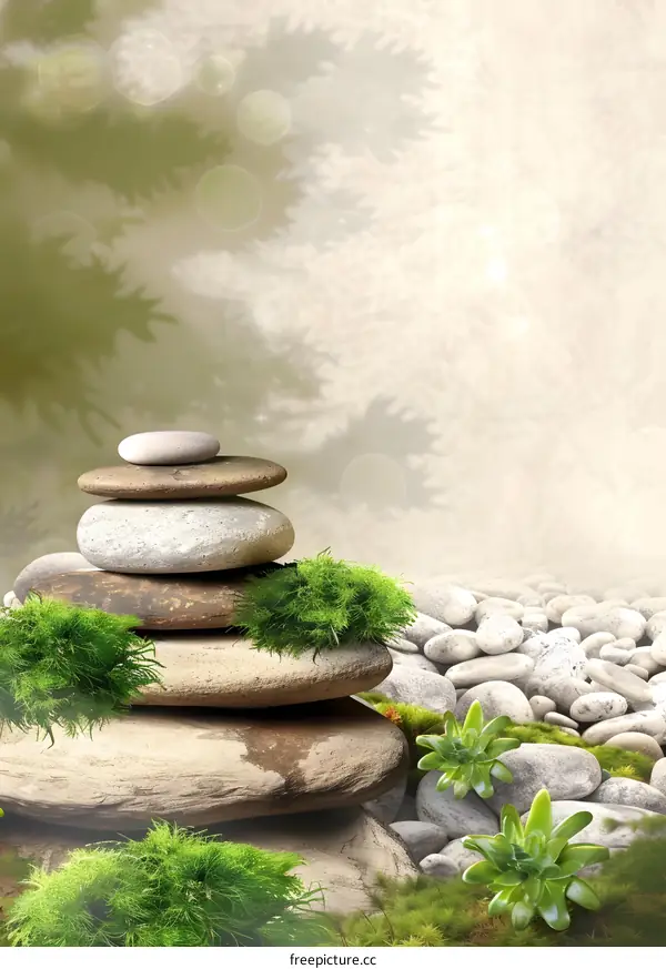 Zen Garden Stones Stacked With Green Plants