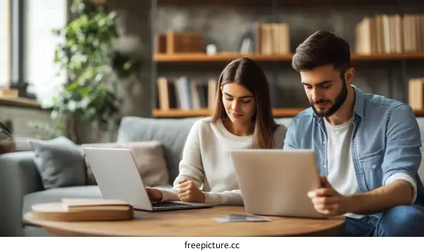Couple Working Together on Laptops at Home