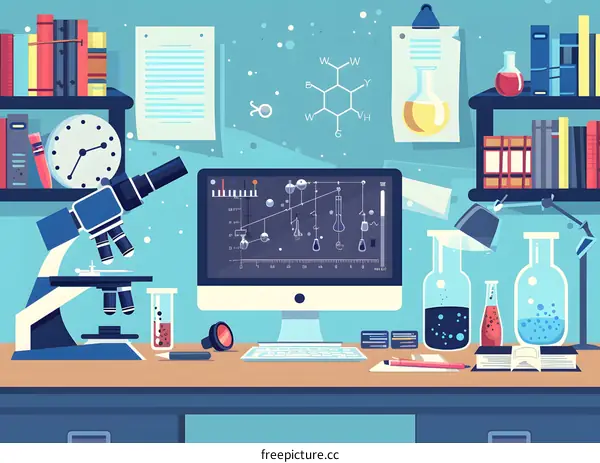 Laboratory Illustration with Microscope and Chemicals