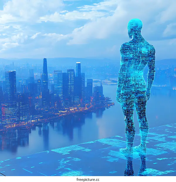 Digital Human Contemplating Futuristic Cityscape