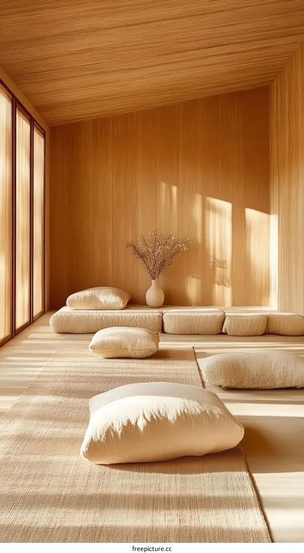 Peaceful Modern Wooden Meditation Room Interior