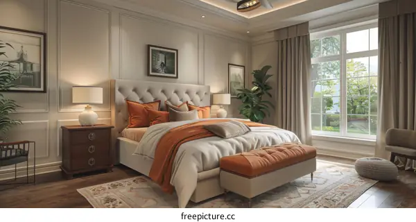 Modern and cozy bedroom with a large window and a comfortable bed