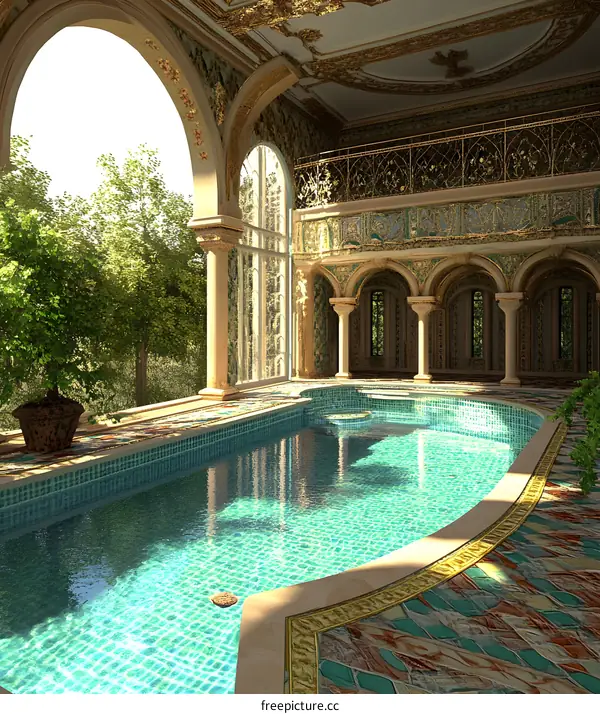 Indoor Swimming Pool with Archway and Decorative Tiles