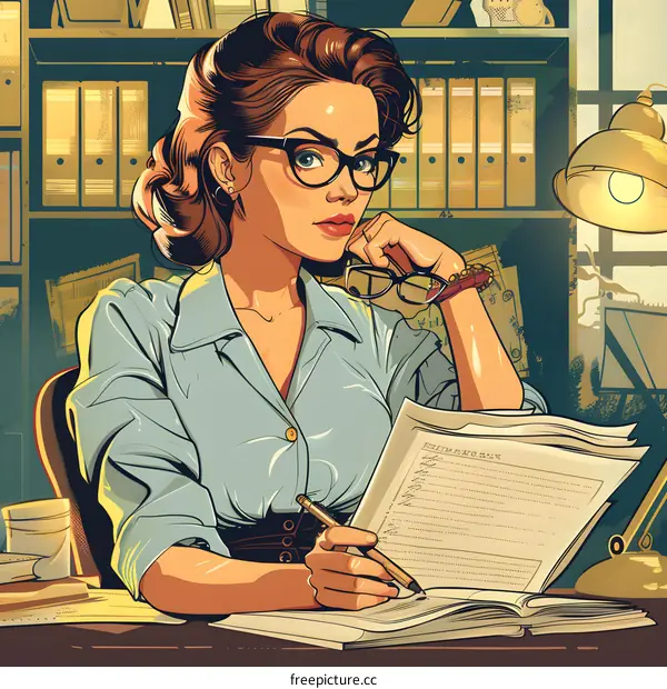 A beautiful woman in a blue blouse is sitting at a desk writing in a notebook.