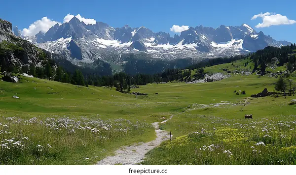 Alpine Meadow Scenery with Snowy Mountains